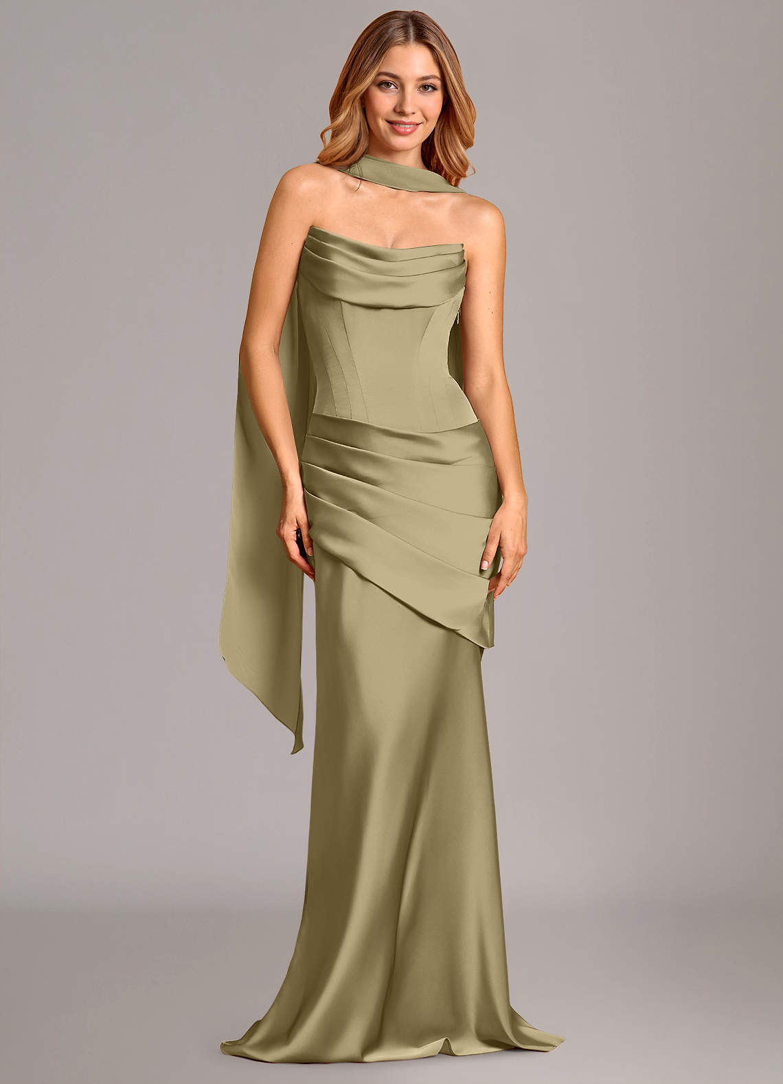 Pelagia Mermaid Cowl-Neck Stretch Satin Bridesmaid Dress in Moss Green