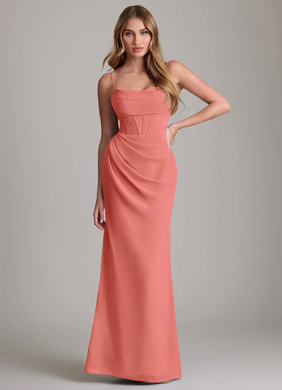 Mai Sheath Cowl-Neck Chiffon Bridesmaid Dress in Salmon Pink