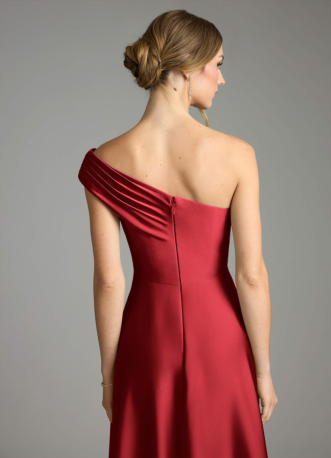 Melanie A-Line One-Shoulder Stretch Satin Bridesmaid Dress in Scarlet