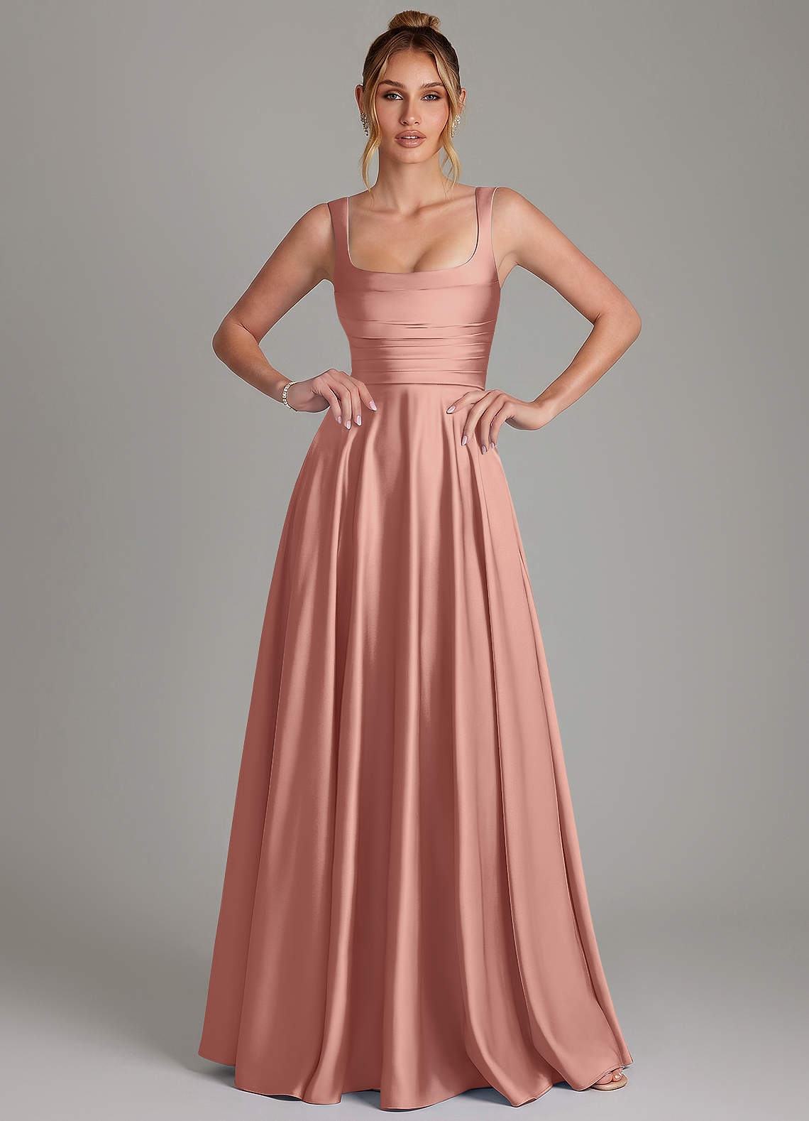 Azaria A-Line Square-Neck Stretch Satin Bridesmaid Dress in Rosette