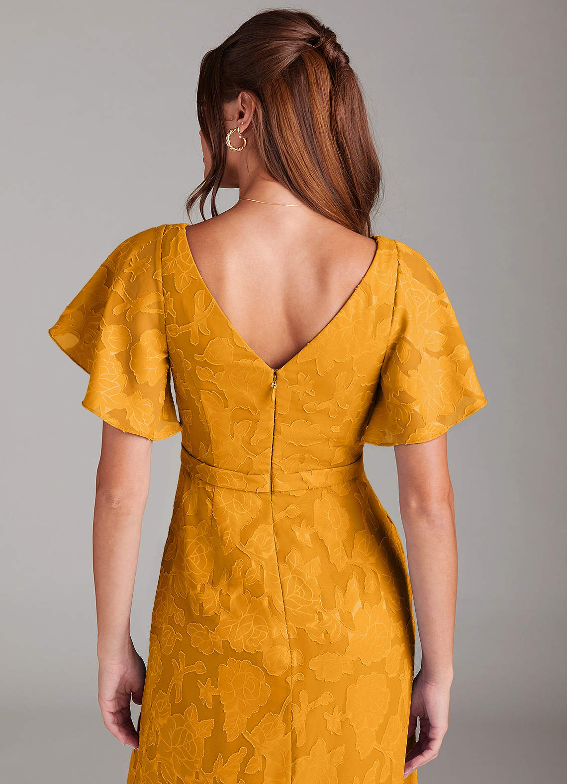 Ambrosia A-Line V-Neck Floral Burnout Bridesmaid Dress in butterscotch