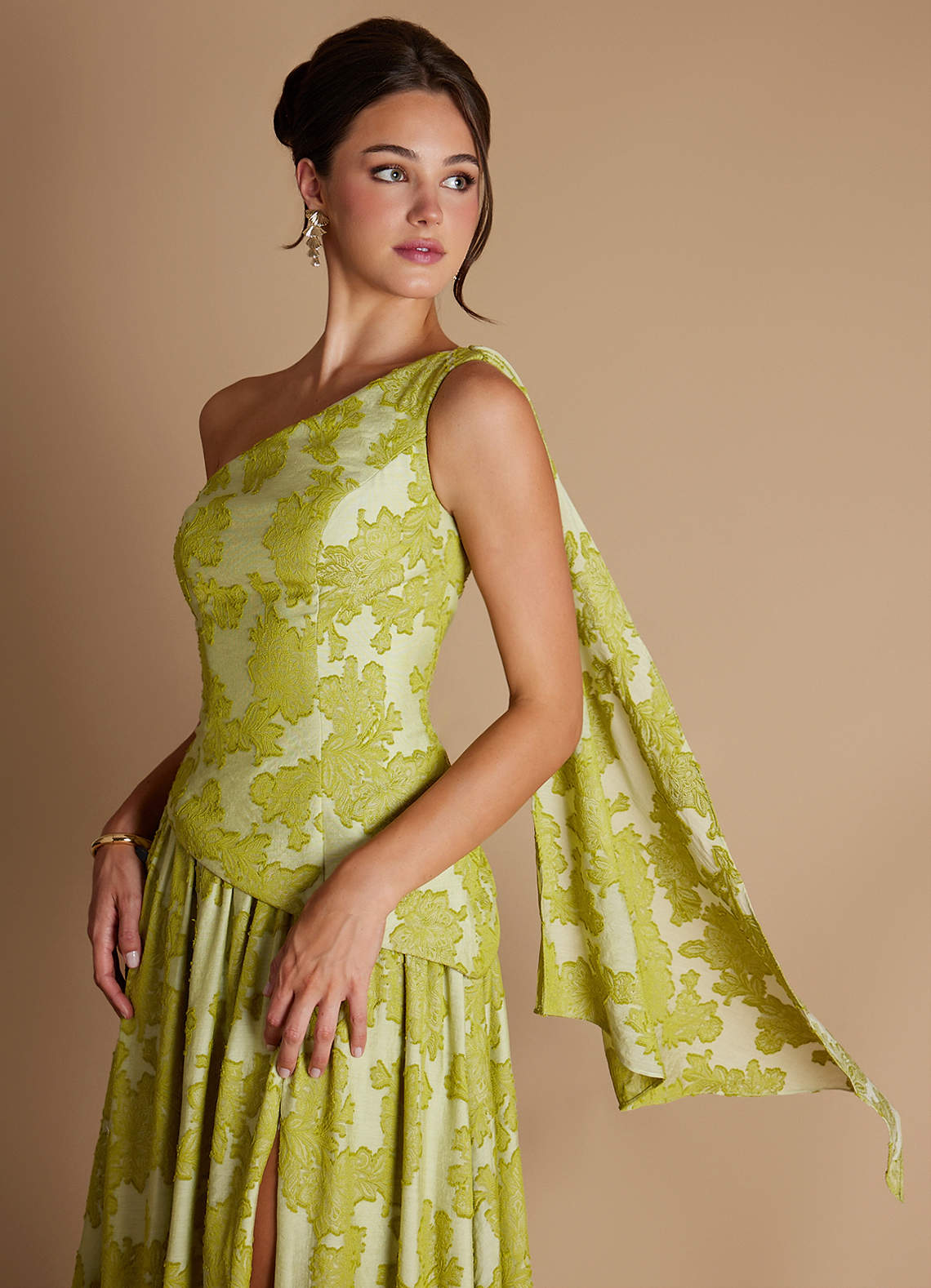 Nayra A-Line One-Shoulder Burnout Wedding Guest Dress in Vintage Chartreuse