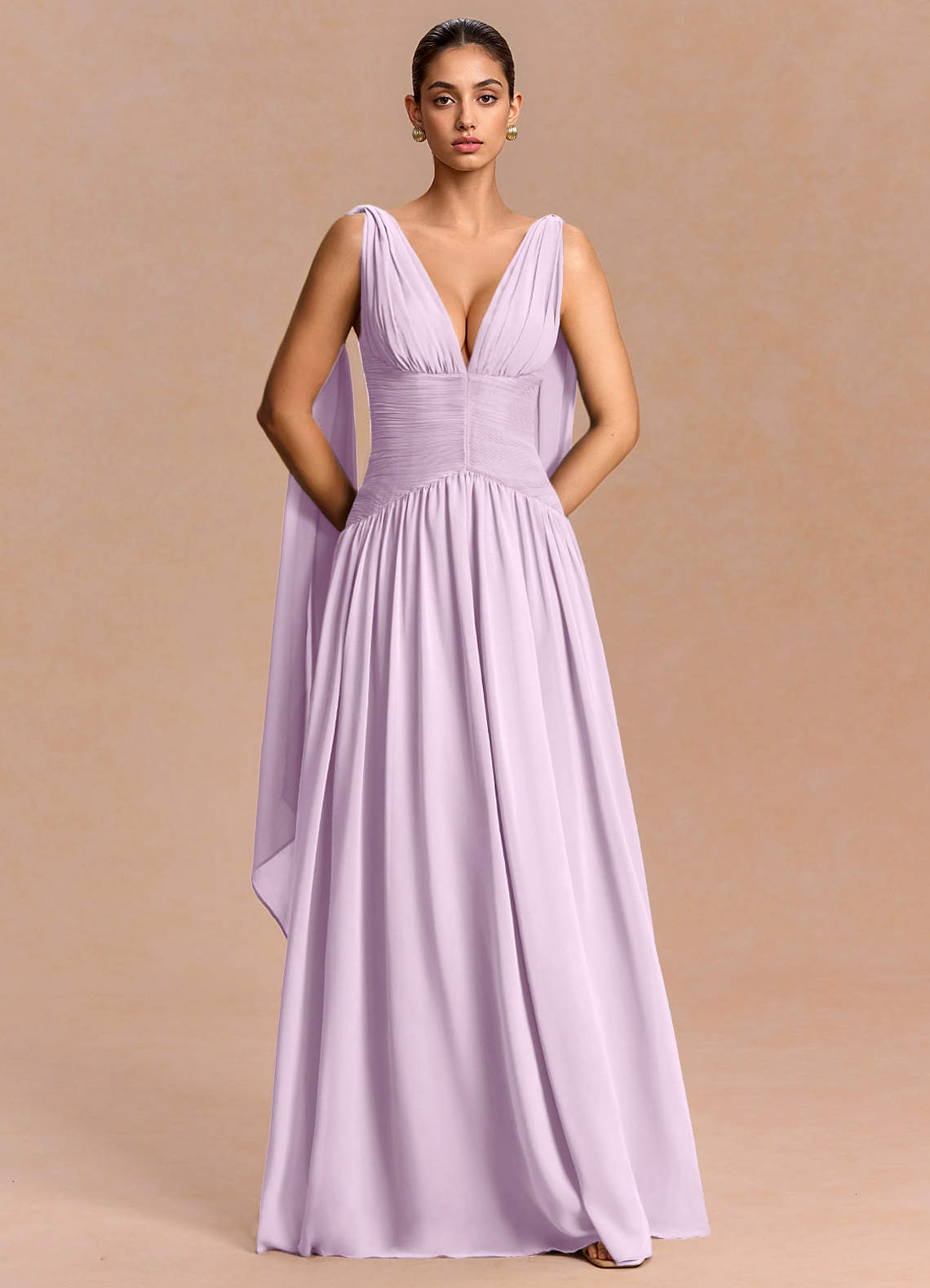 Eluney A-Line V-Neck Chiffon Evening Dress in Frosted Lilac