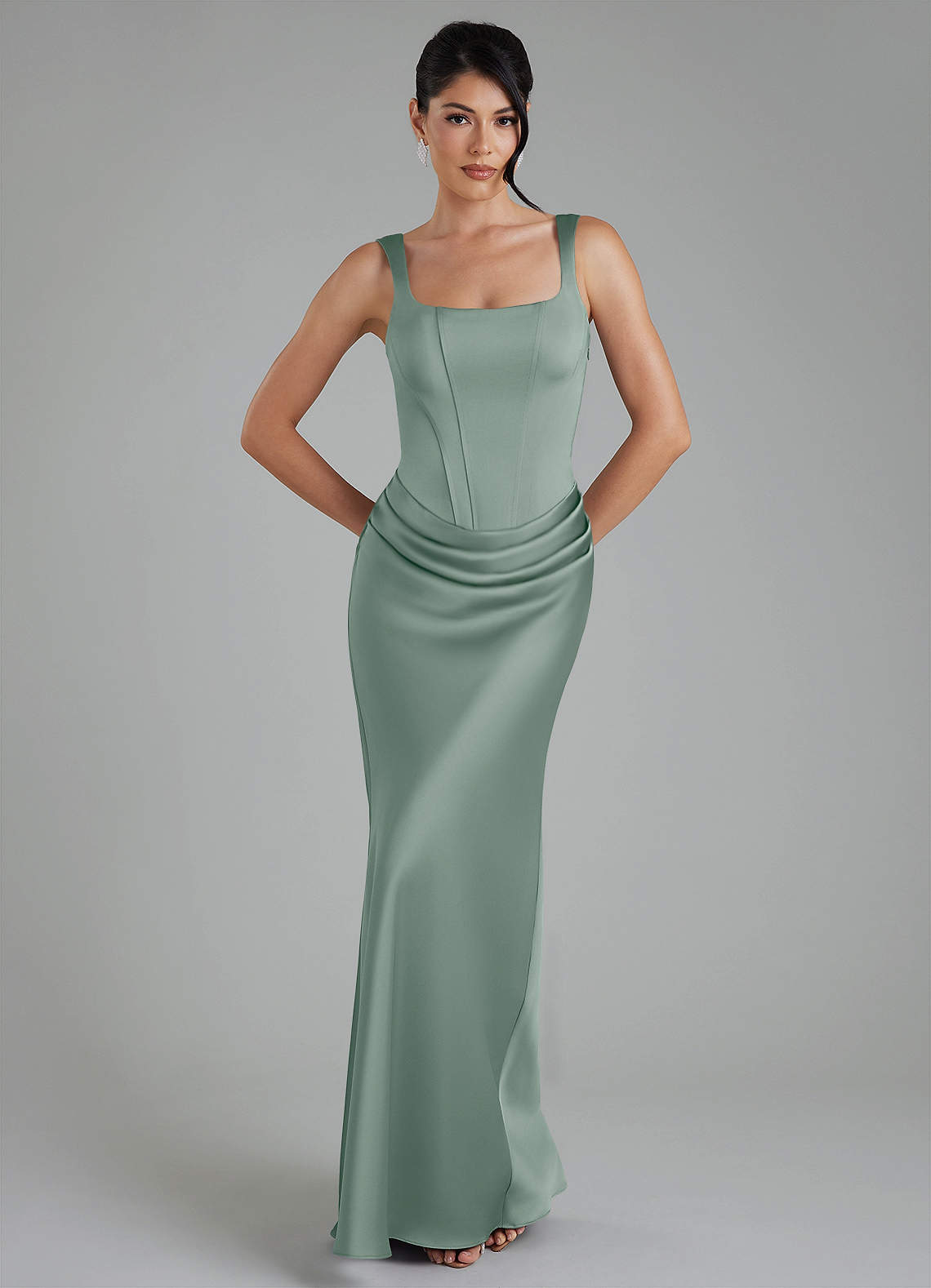 Etta Mermaid Square-Neck Stretch Satin Bridesmaid Dress in Silver Sage