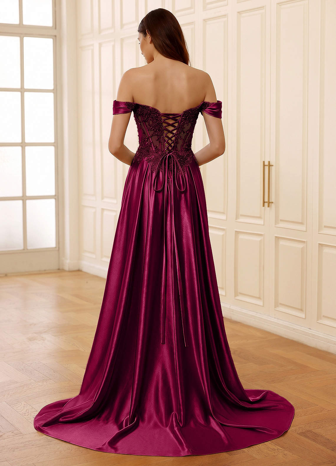 Rowane A-Line Off-the-Shoulder Satin Evening Dress in Burgundy