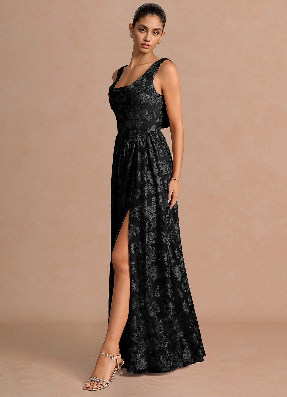 Novi A-Line Draped-Neck Floral Fil Coupé Evening Dress in Black