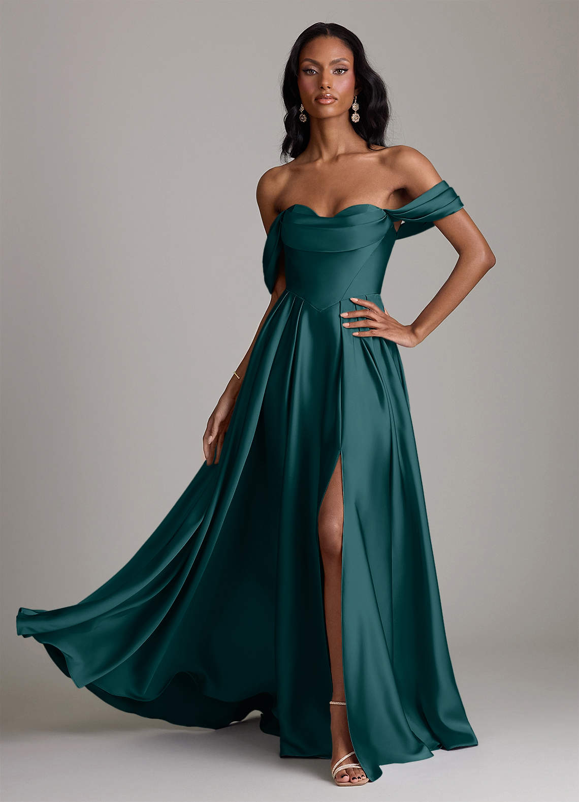 Loisa A-Line Off-the-Shoulder Stretch Satin Bridesmaid Dress in Pine