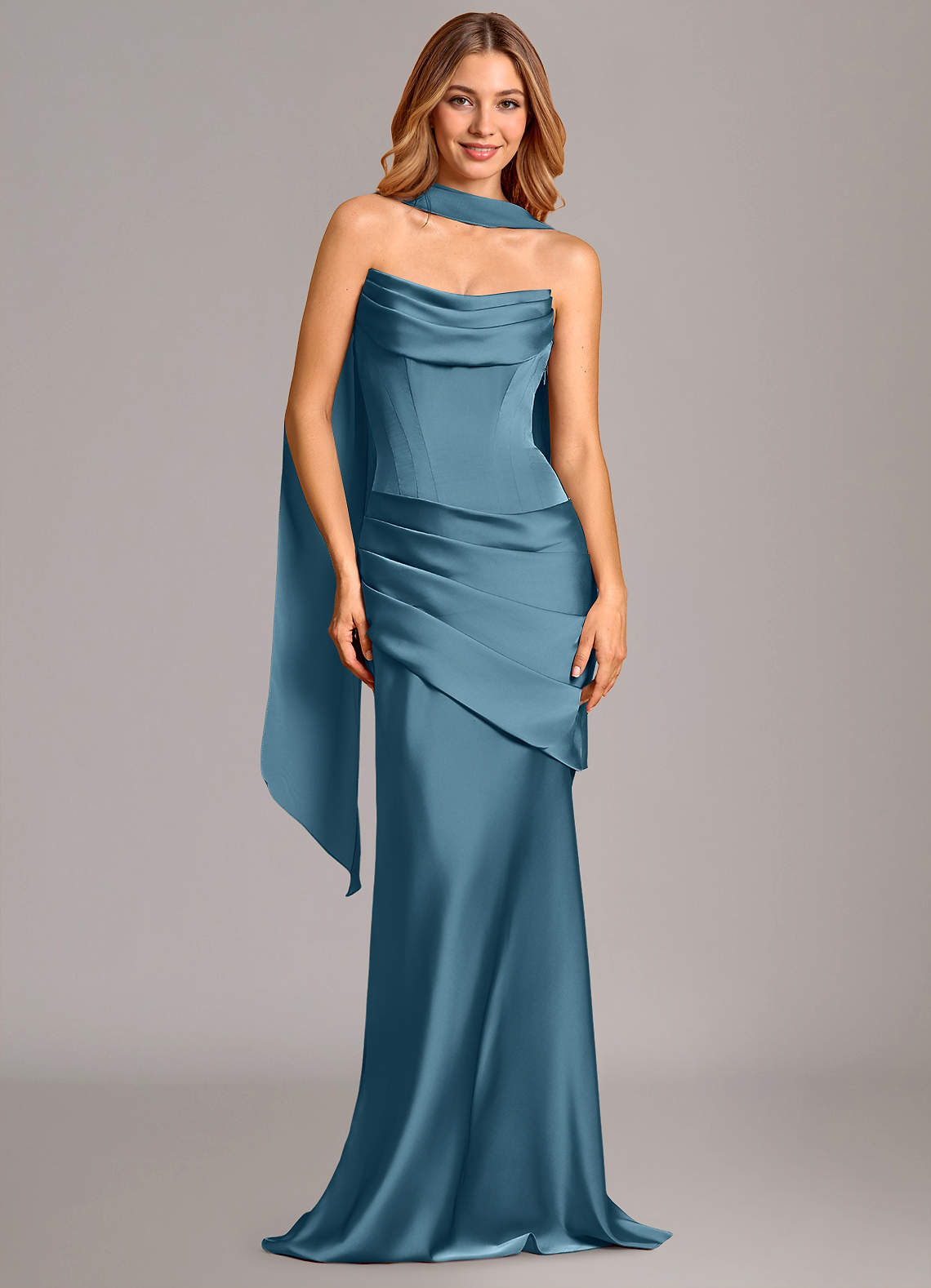 Pelagia Mermaid Cowl-Neck Stretch Satin Bridesmaid Dress in Bermuda