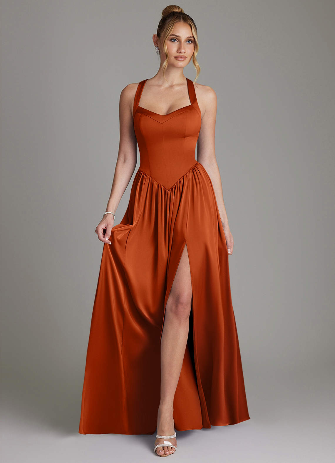 Francis A-Line V-Neck Stretch Satin Bridesmaid Dress in Burnt Orange