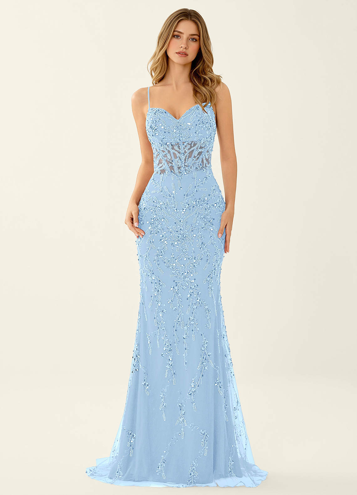 Zivah Mermaid V-Neck Beaded Stretch Mesh Evening Dress in Sky Blue