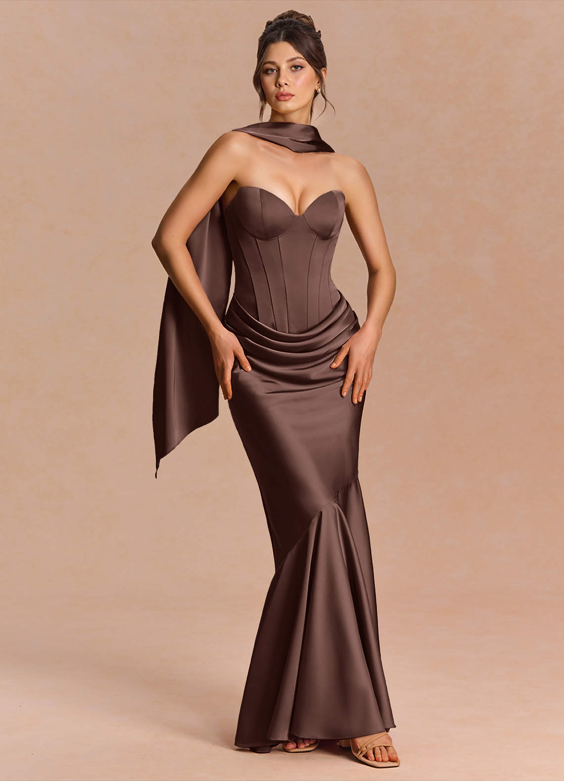 Euphemia Mermaid Strapless Stretch Satin Evening Dress in Truffle