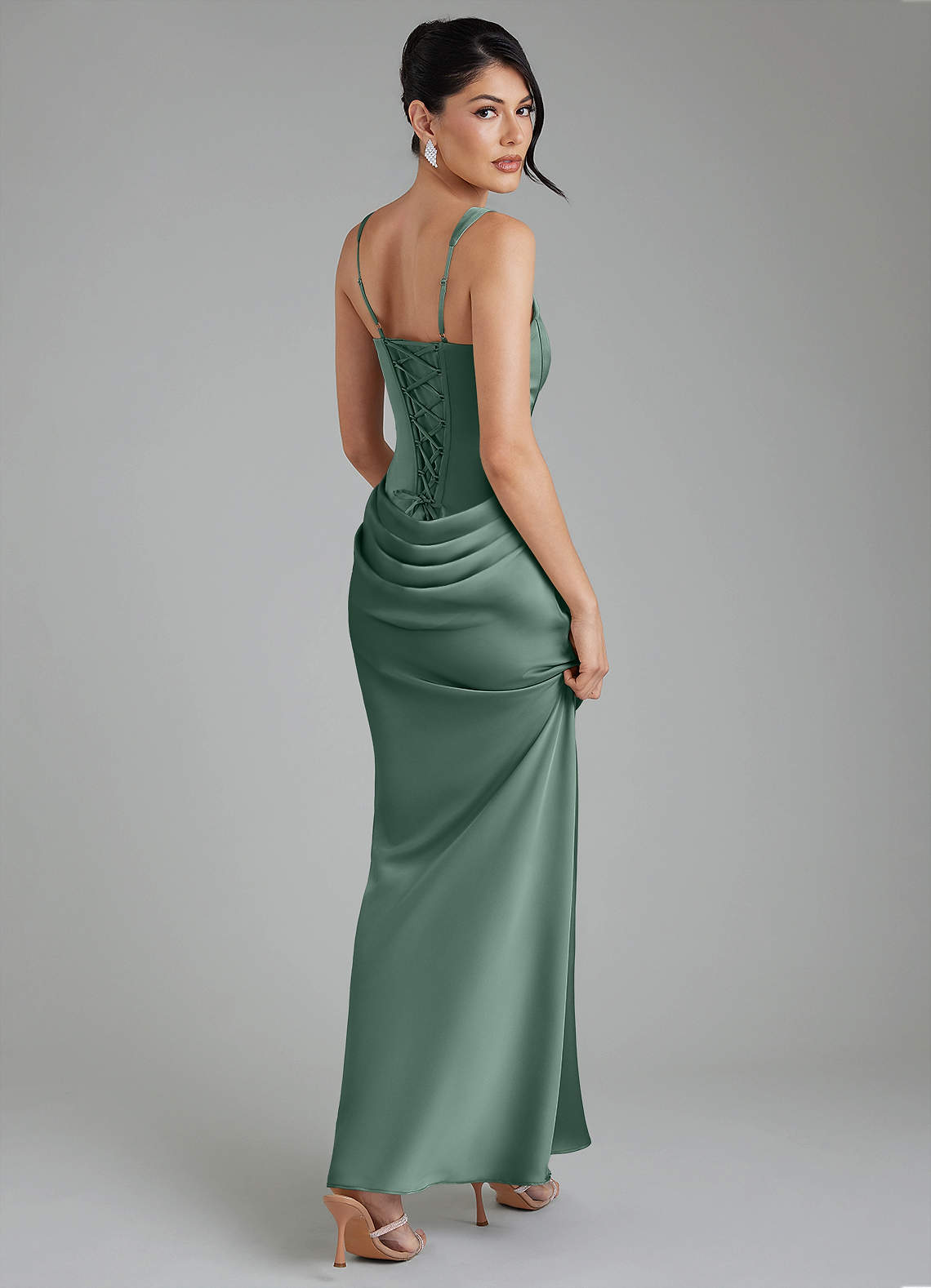 Etta Mermaid Square-Neck Stretch Satin Bridesmaid Dress in Eucalyptus