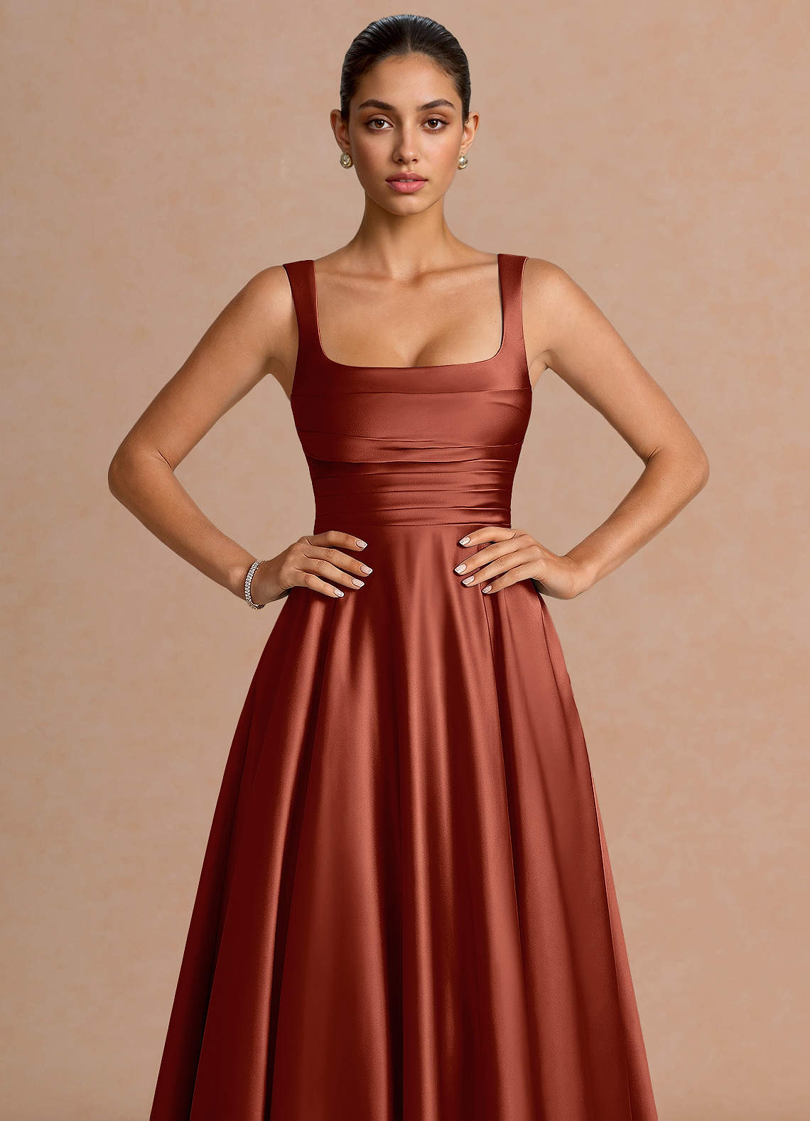 Azaria A-Line Square-Neck Stretch Satin Wedding Guest Dress in Burnt Umber