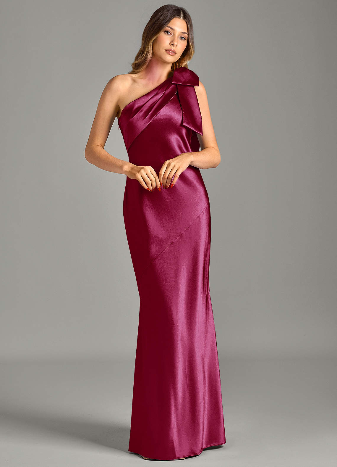 Yuanna Mermaid One-Shoulder Metallic Satin Bridesmaid Dress in Burgundy