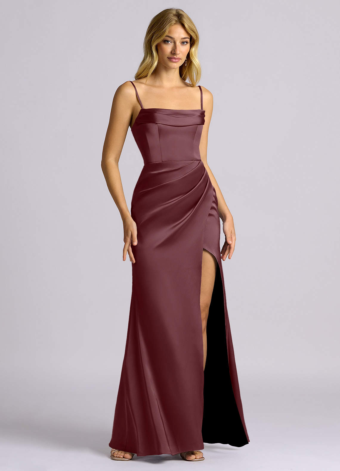 Auden Sheath Off-the-Shoulder Stretch Satin Bridesmaid Dress in Sangria