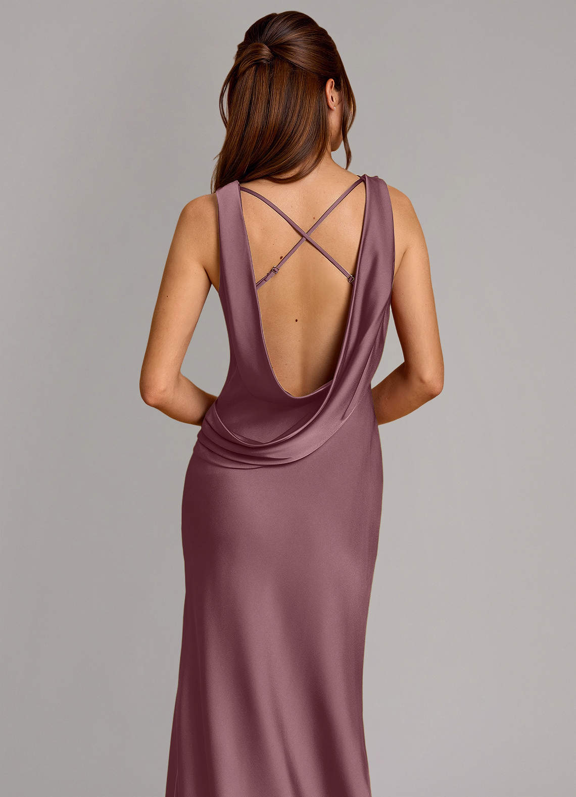 Cheryl Mermaid Cowl-Neck Stretch Satin Bridesmaid Dress in Amethyst