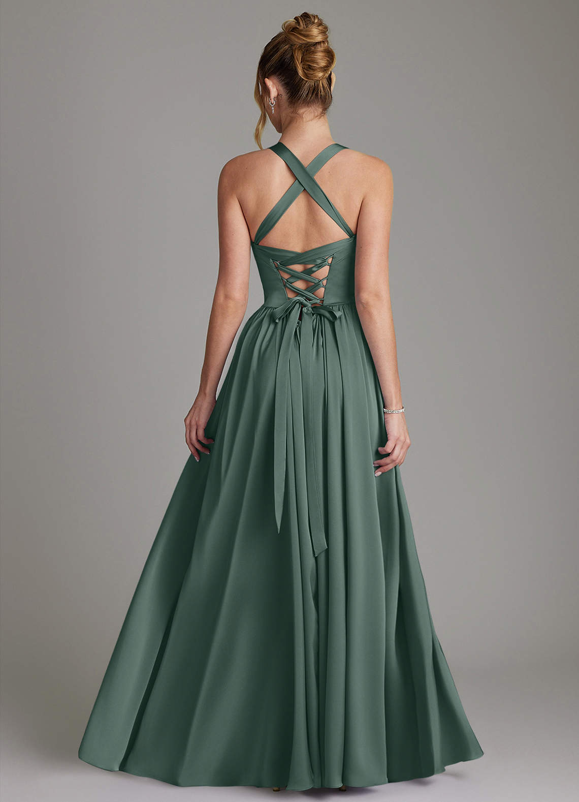 Francis A-Line V-Neck Stretch Satin Bridesmaid Dress in Sea Moss