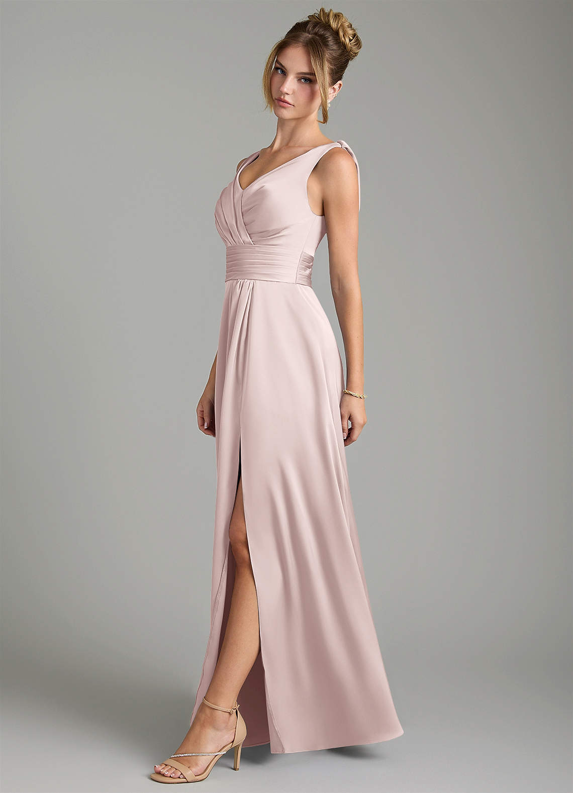 Karina A-Line V-Neck Stretch Satin Bridesmaid Dress in Blushing Pink