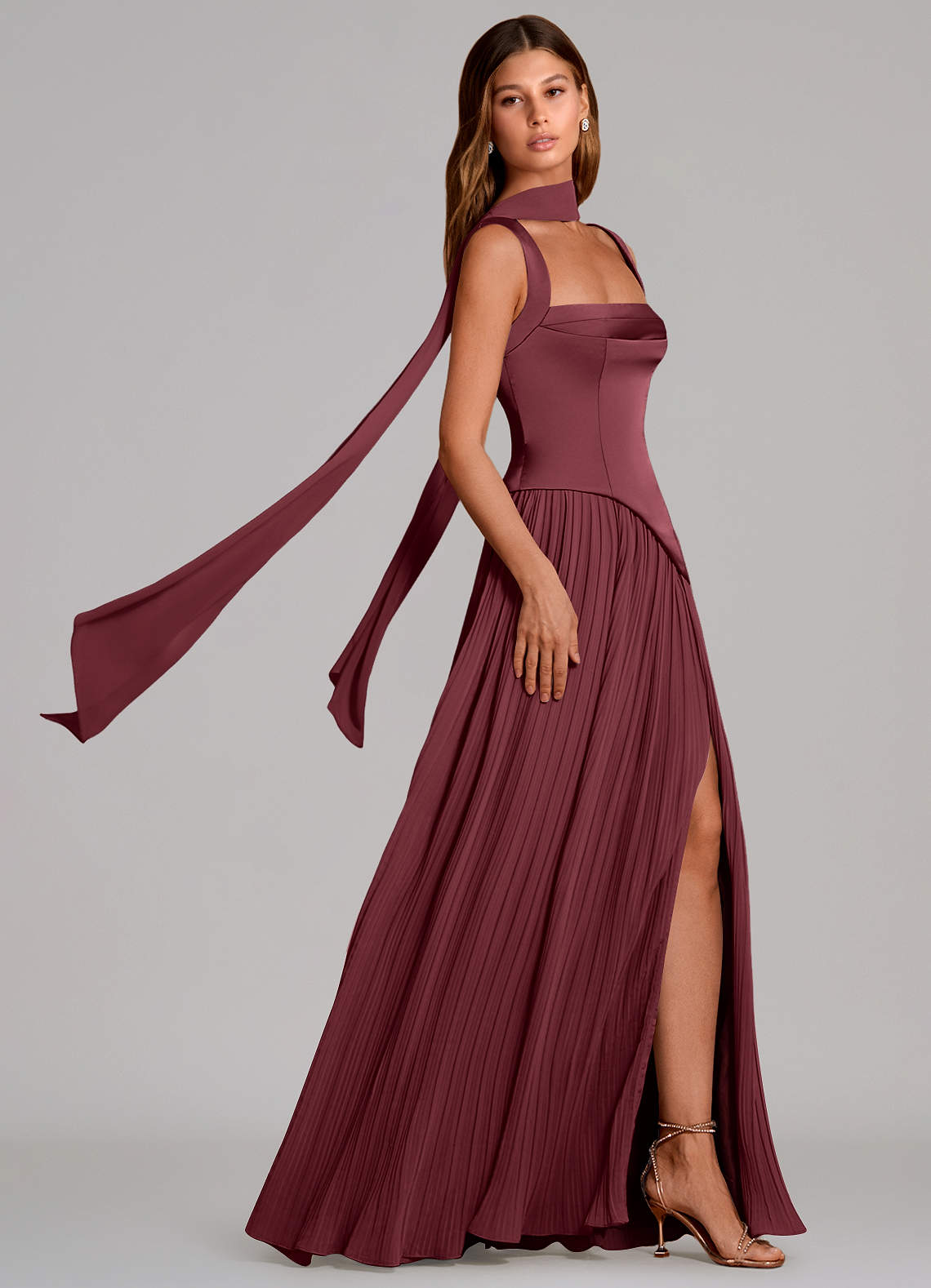 Stephanie A-Line Square-Neck Stretch Satin and Chiffon Bridesmaid Dress in Merlot