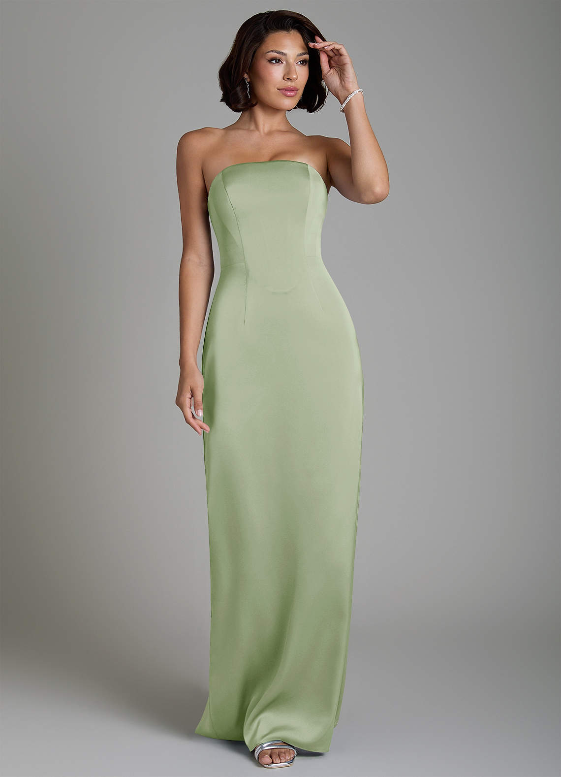Fallyn Sheath Strapless Stretch Satin Bridesmaid Dress in Dusty Sage