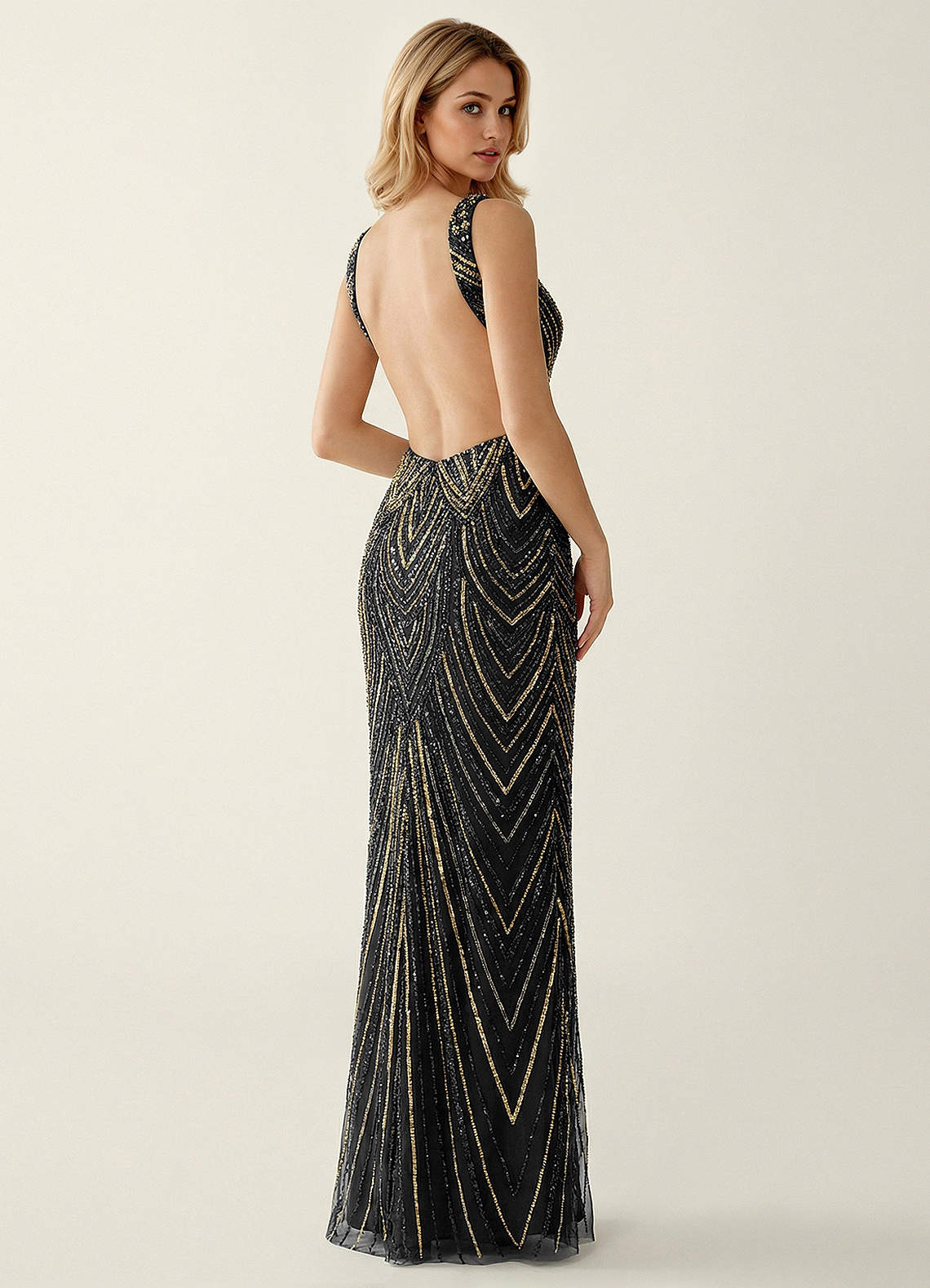 Hazelen Plunging V-Neck Chevron Sequin Tulle Evening Dress in Black