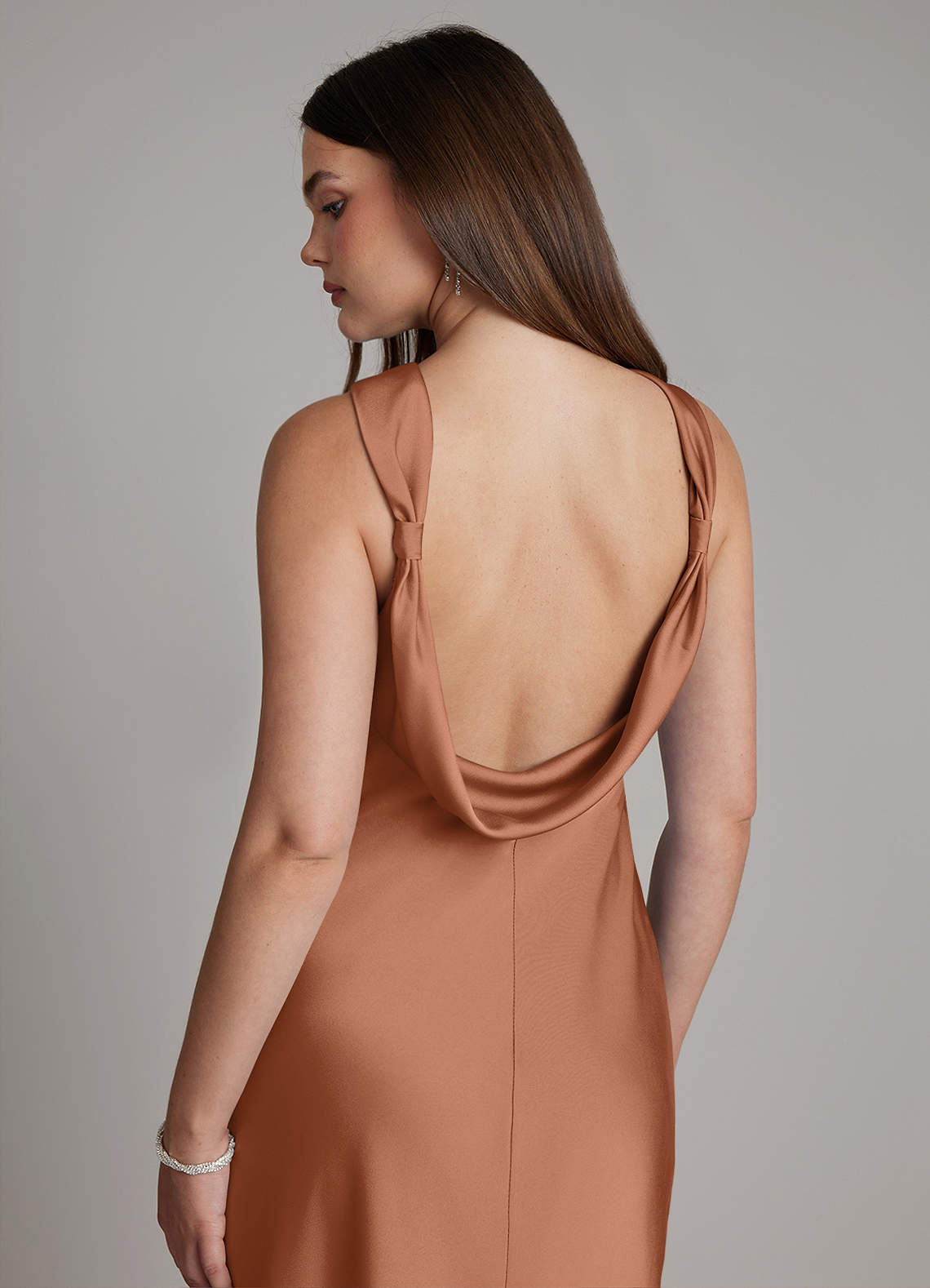 Dimitra Sheath Halter Stretch Satin Bridesmaid Dress in Bronzer