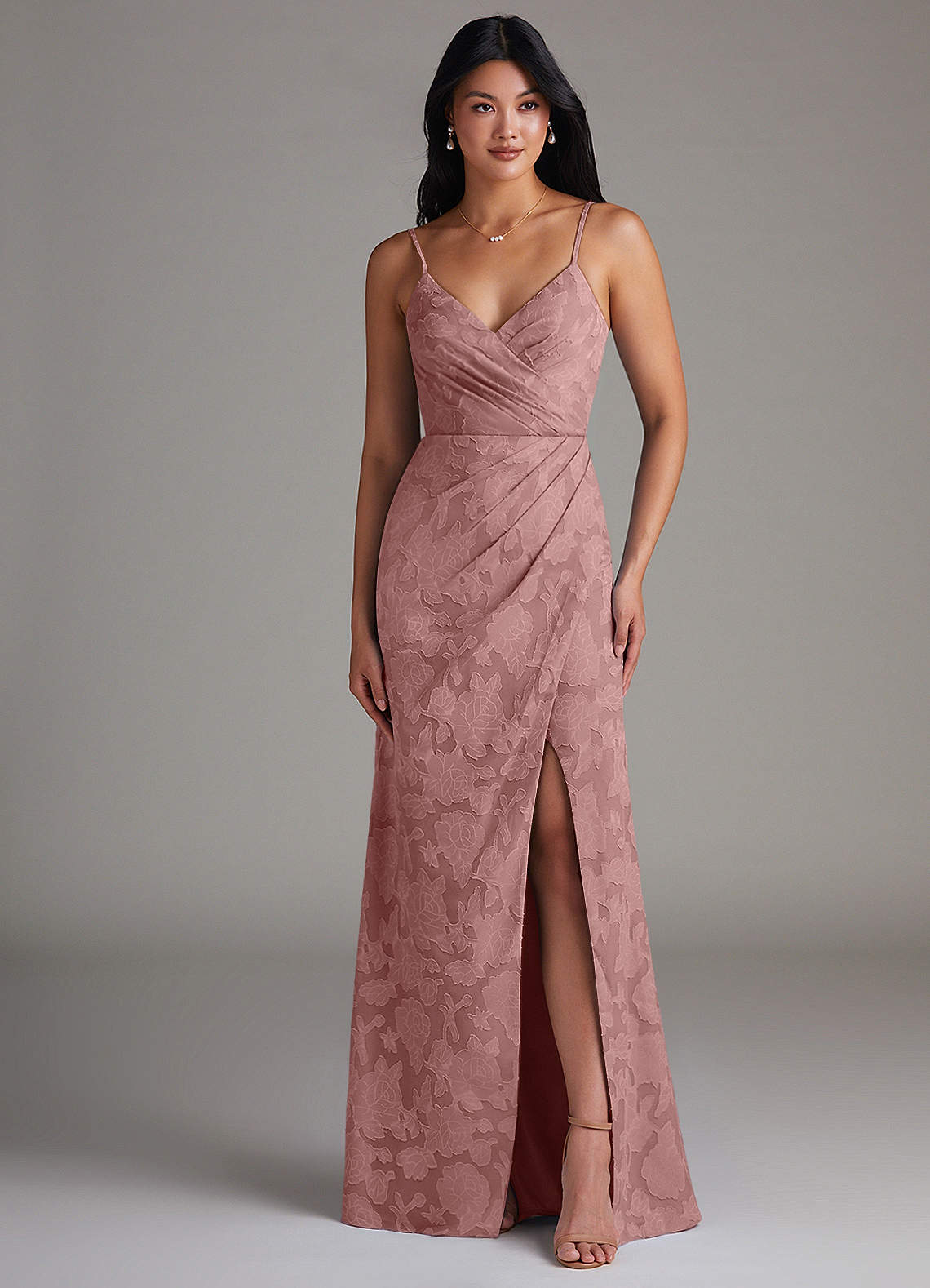 Maci Sheath V-Neck Floral Burnout Bridesmaid Dress in dusty rose