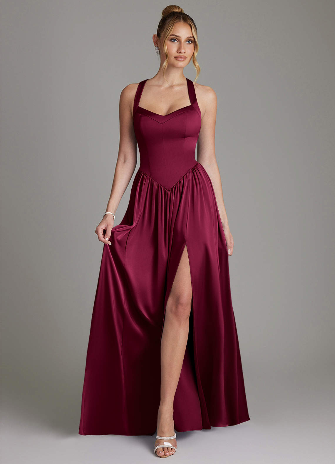 Francis A-Line V-Neck Stretch Satin Bridesmaid Dress in Burgundy