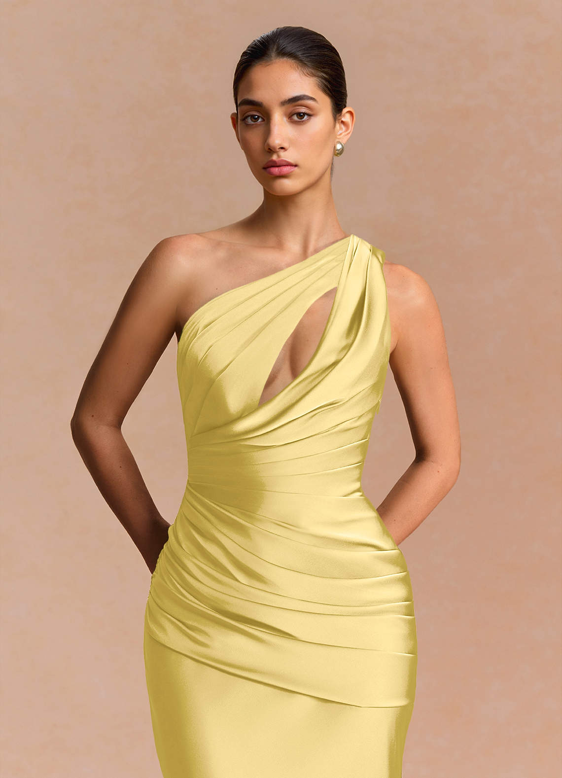 Guinevere One-Shoulder Cutout Stretch Satin Evening Dress in Pastel Yellow