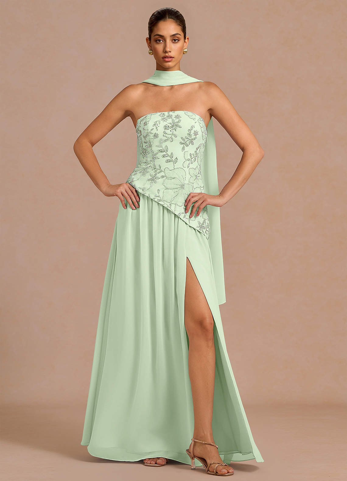 Galatea Sky Blue A-Line Floral Chiffon Evening Dress in Light Green