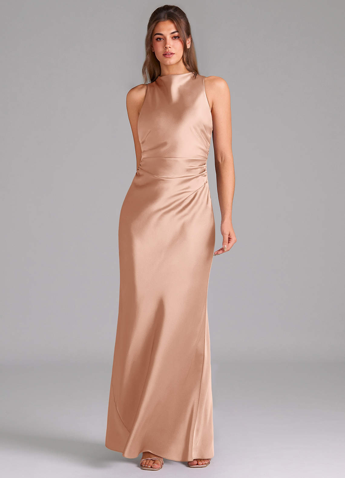 Evadne Sheath Scoop-Neck Stretch Satin Bridesmaid Dress in rose gold