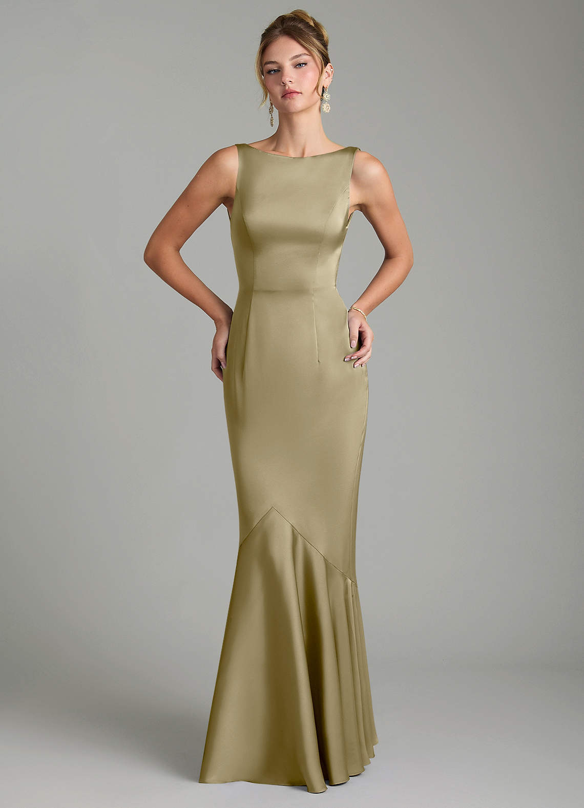 Tamera Mermaid Boat-Neck Stretch Satin and Chiffon Bridesmaid Dress in Moss Green