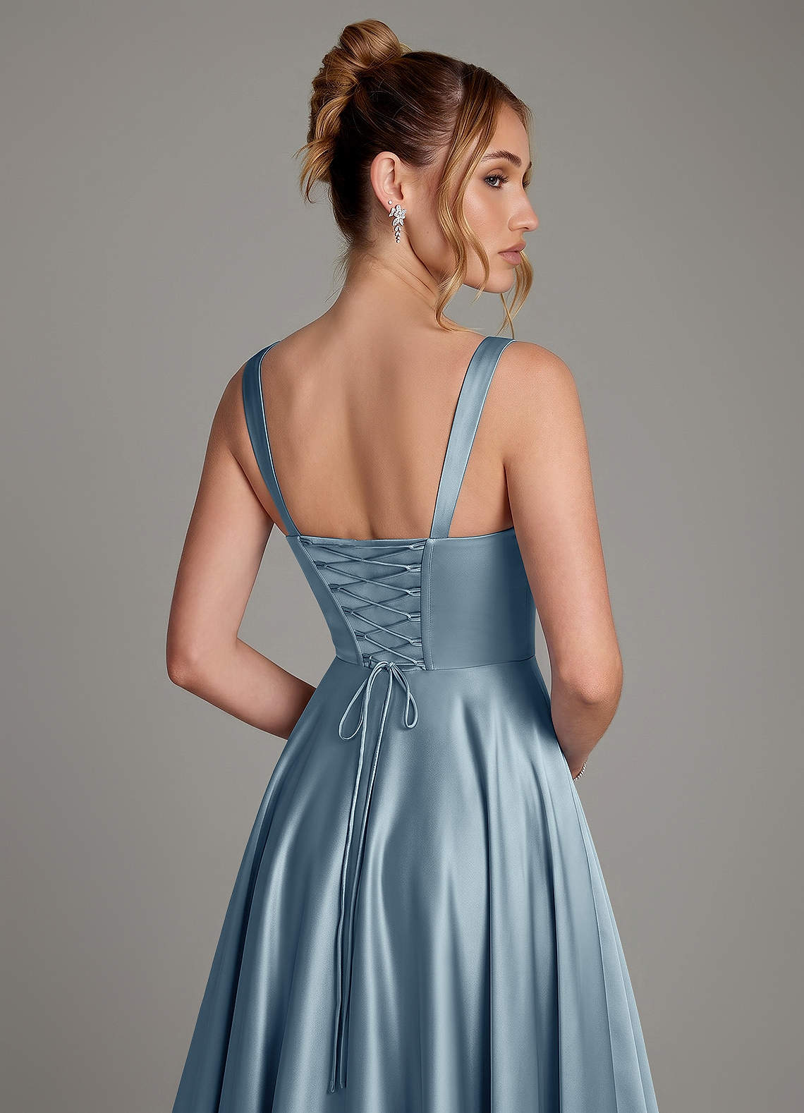 Azaria A-Line Square-Neck Stretch Satin Bridesmaid Dress in dusty blue