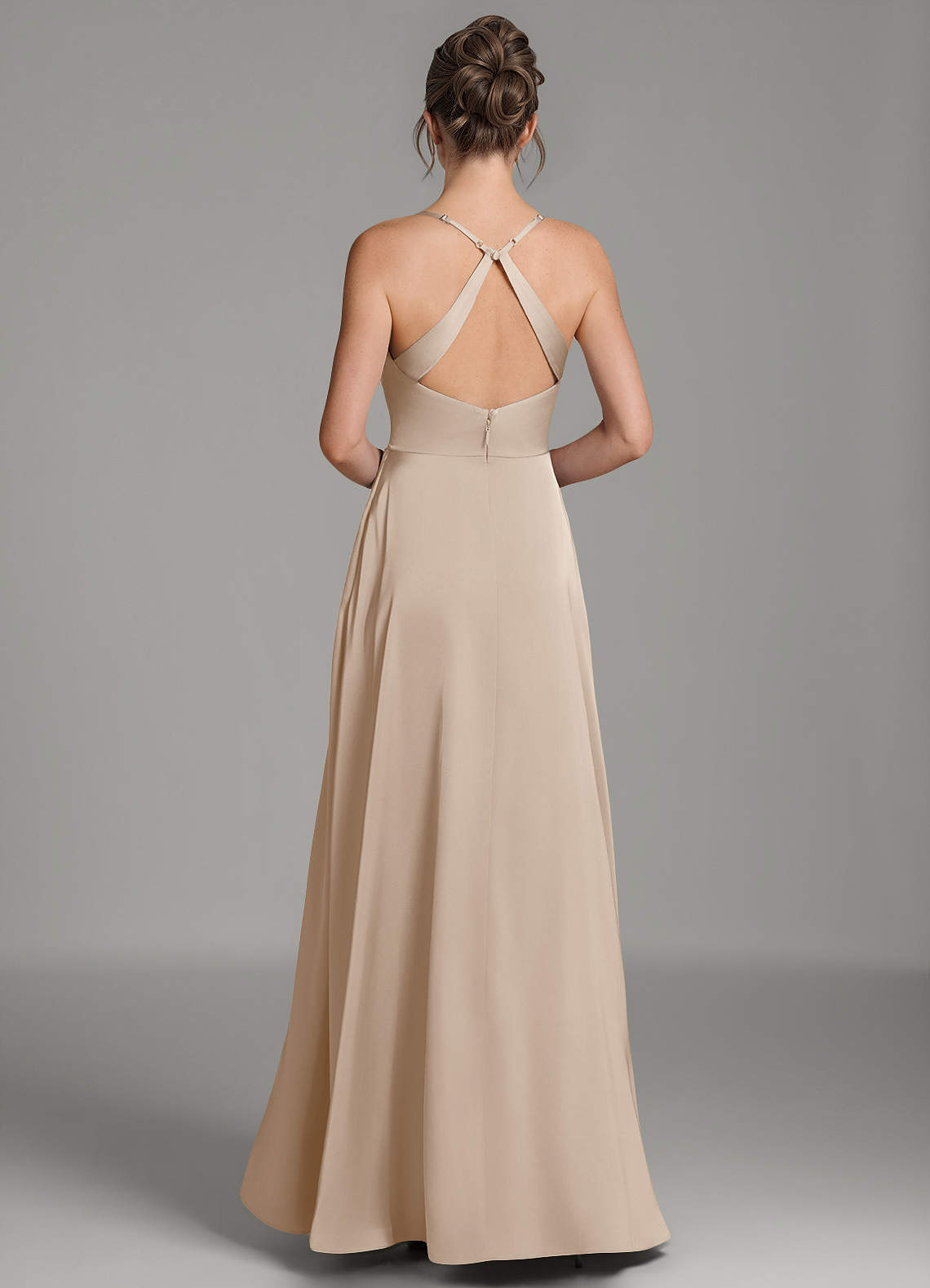 Frankie A-Line Scoop-Neck Stretch Satin Bridesmaid Dress in Taupe