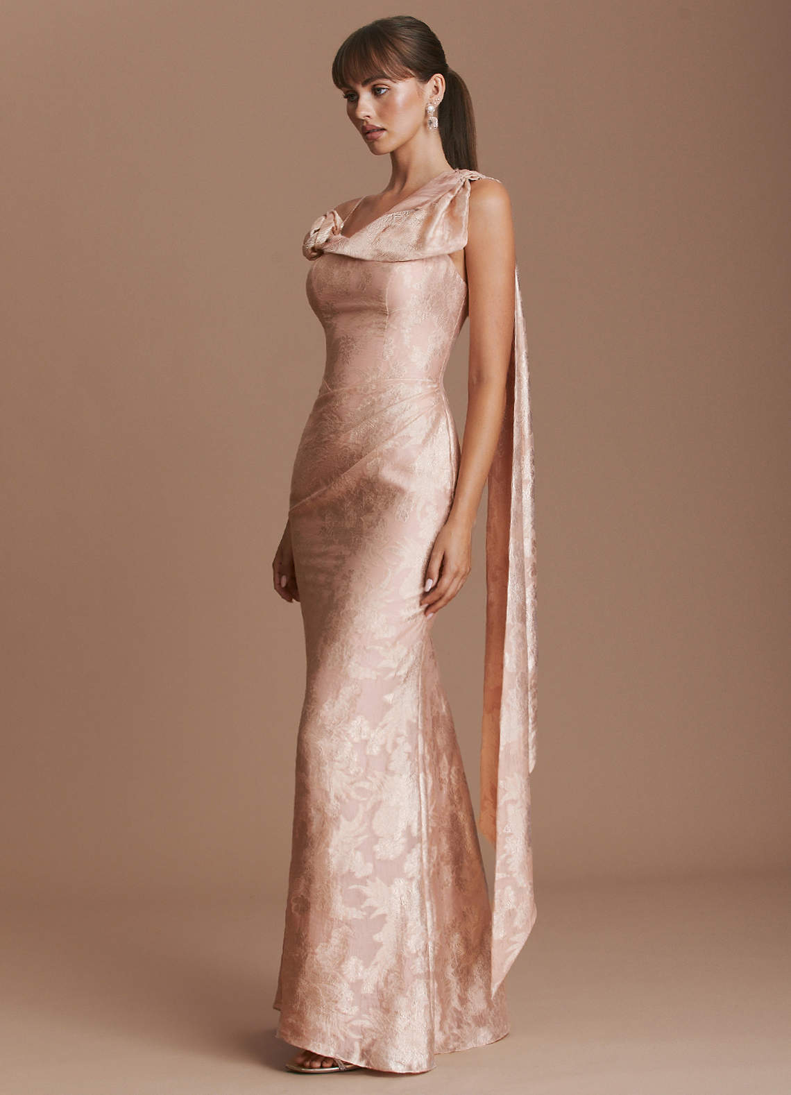 Clea Mermaid Cowl-Neck Floral Burnout Evening Dress in Apricot Blush