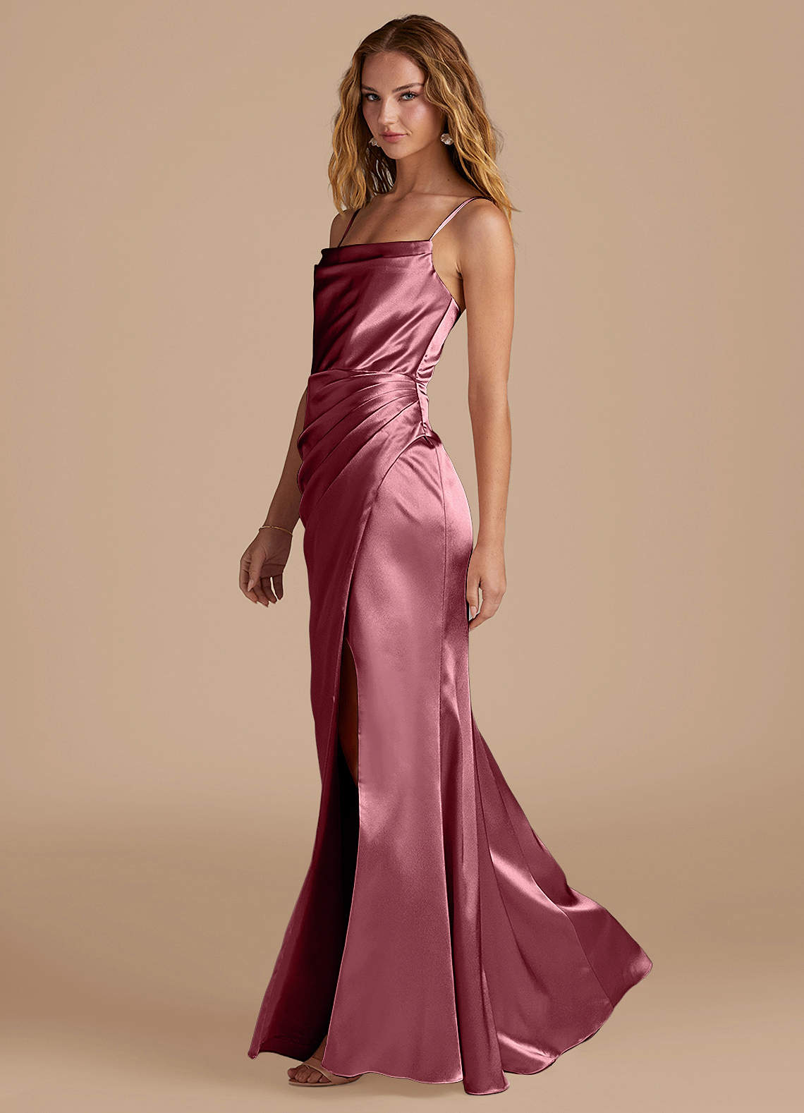 Marzia Mermaid Square-Neck Metallic Satin Bridesmaid Dress in Desert Rose