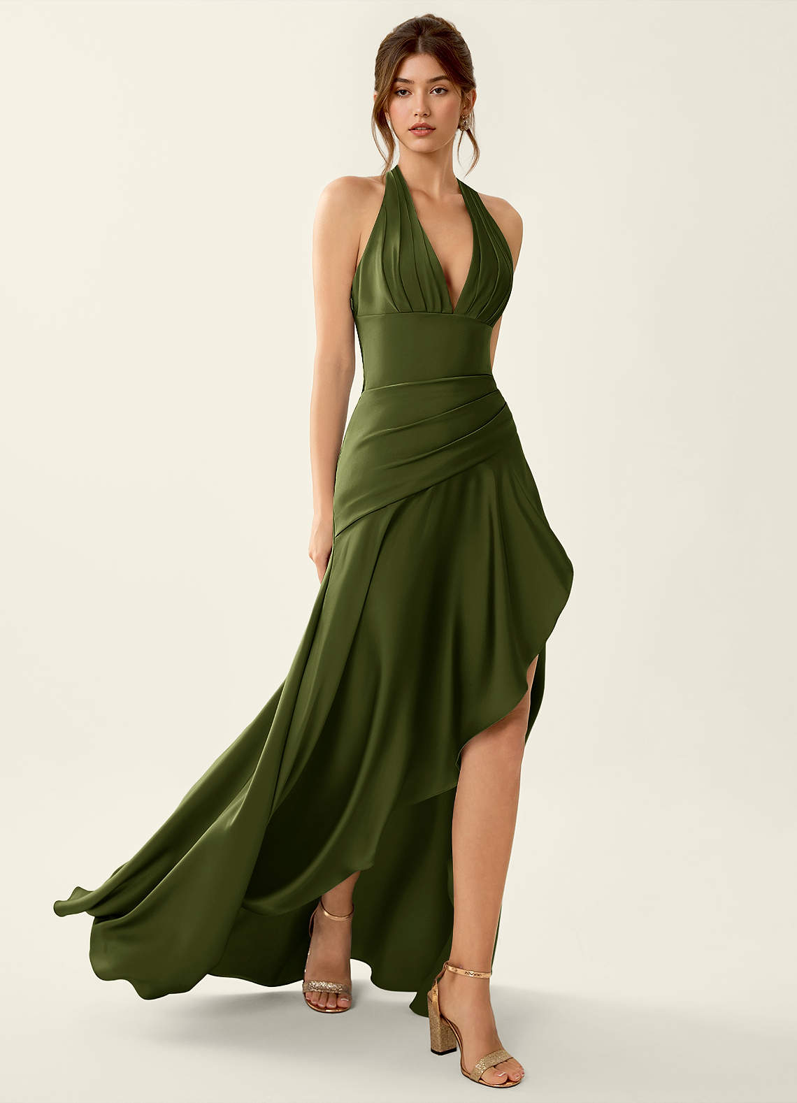 Titania Halter Asymmetric-Ruffle Satin Evening Dress in Olive