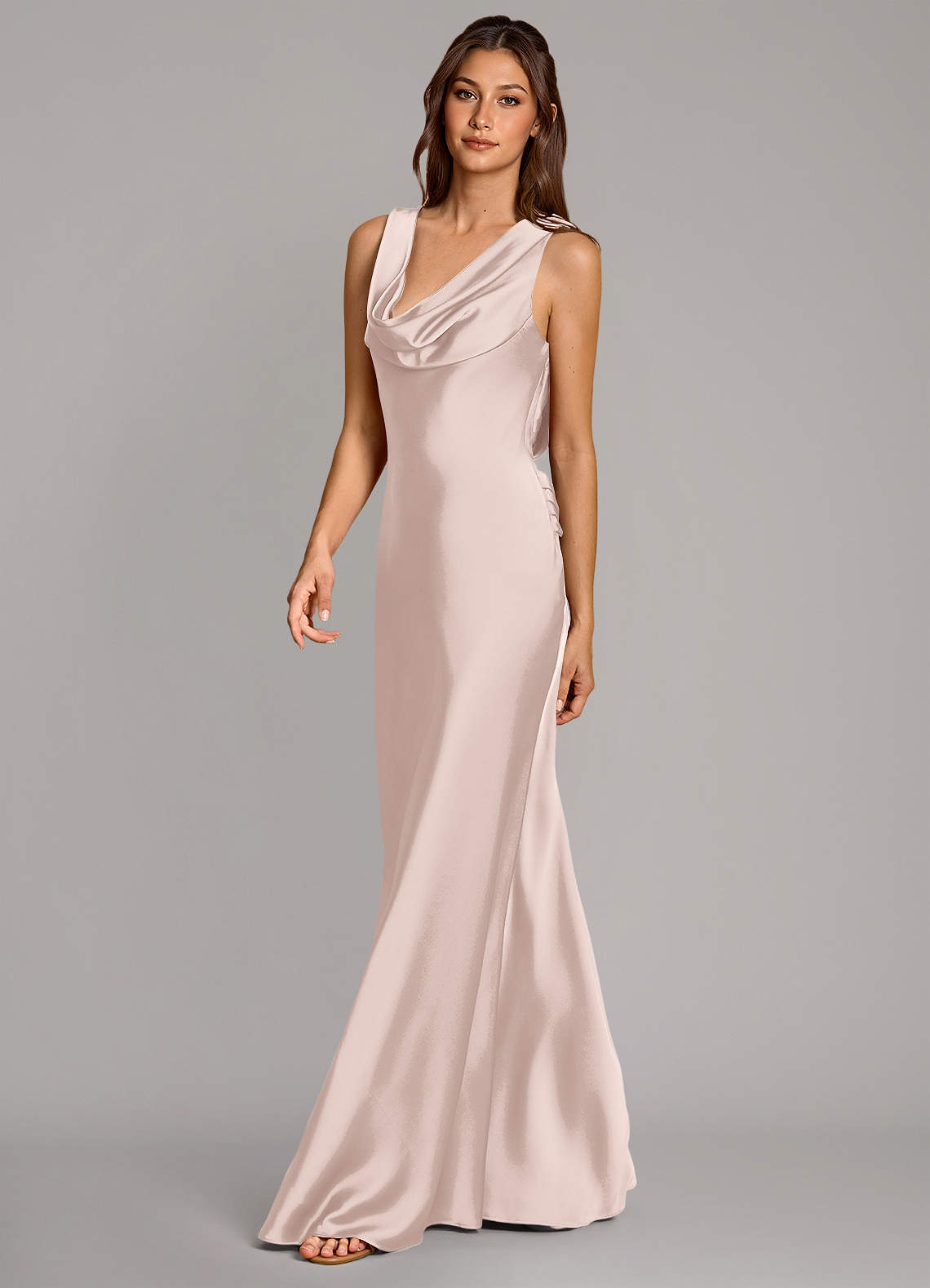 Cheryl Mermaid Cowl-Neck Stretch Satin Bridesmaid Dress in Blushing Pink