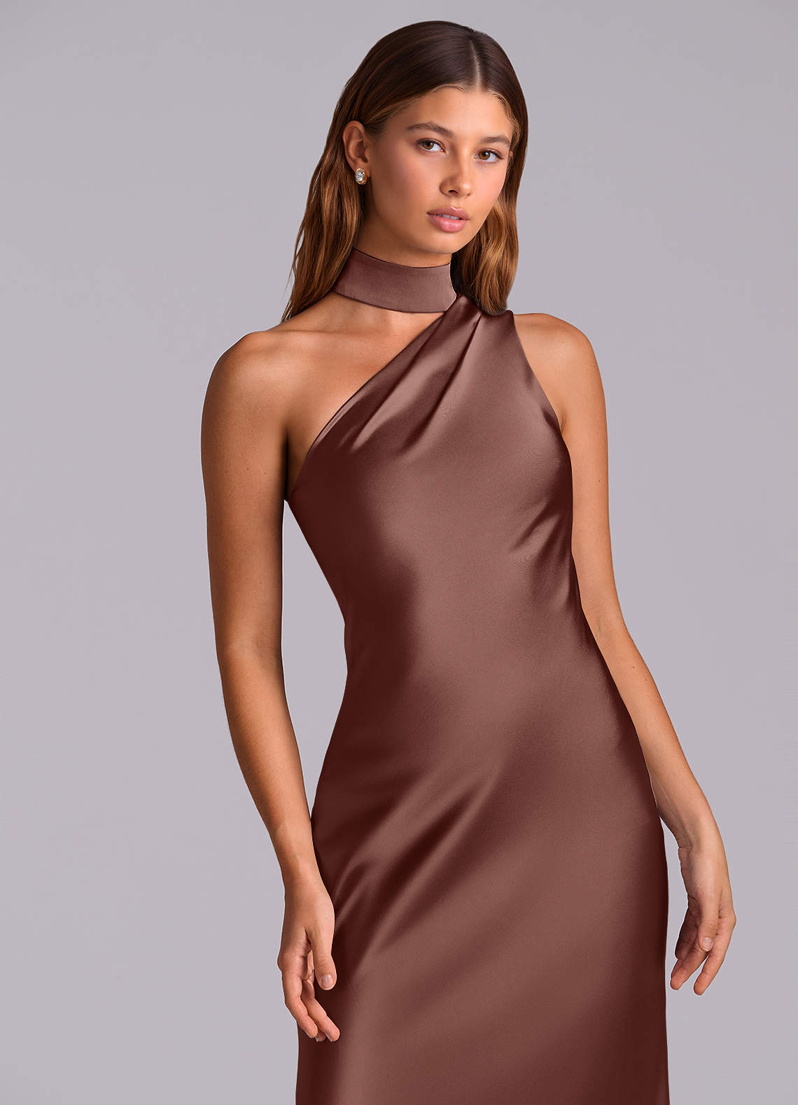 Seona Mermaid One-Shoulder Stretch Satin and Tulle Bridesmaid Dress in Espresso