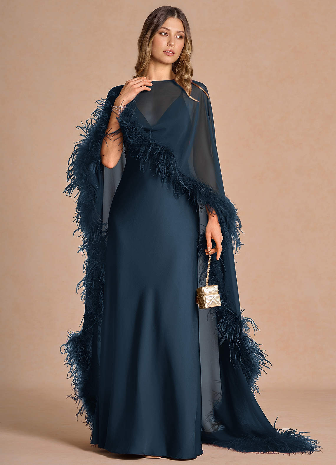 Samara Sheath Feather-Trim Satin Chiffon Wedding Guest Dress in Wine