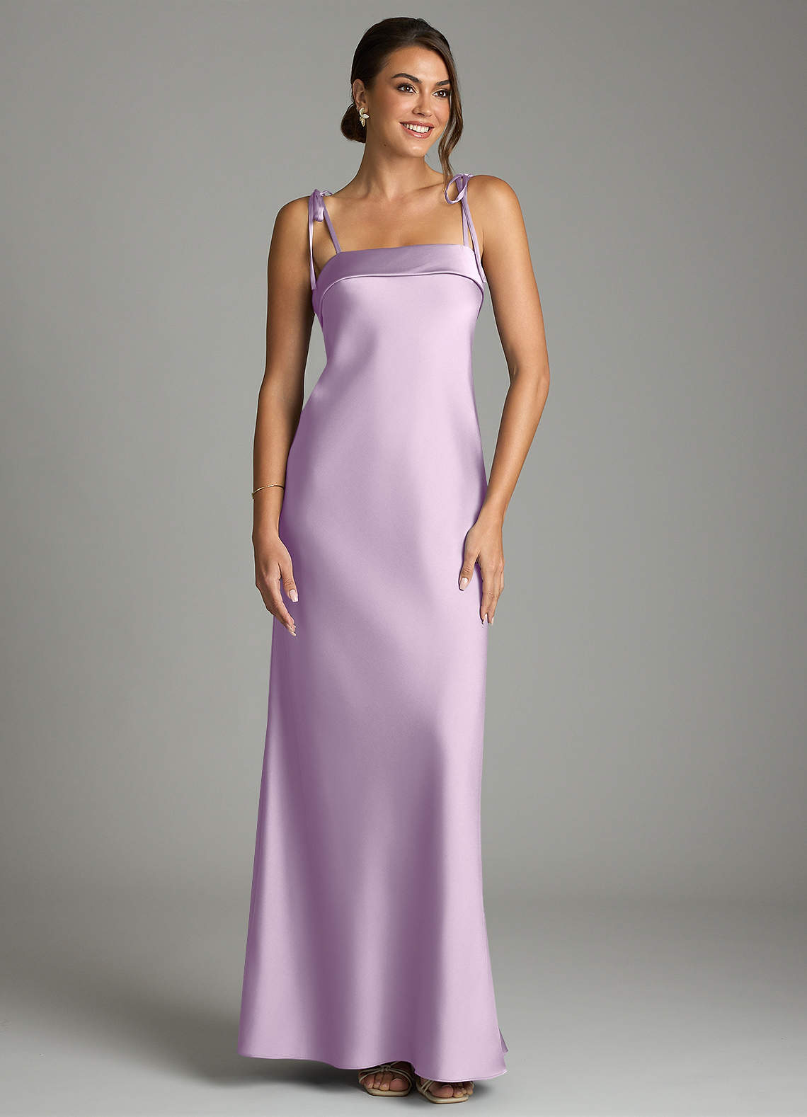 Ellia Sheath Straight-Neck Stretch Satin Bridesmaid Dress in Frosted Lilac