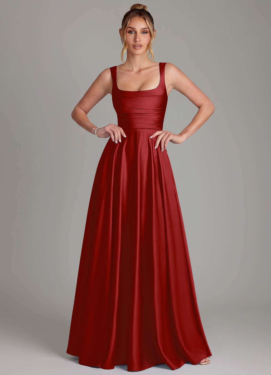 Azaria A-Line Square-Neck Stretch Satin Bridesmaid Dress in Pomegranate