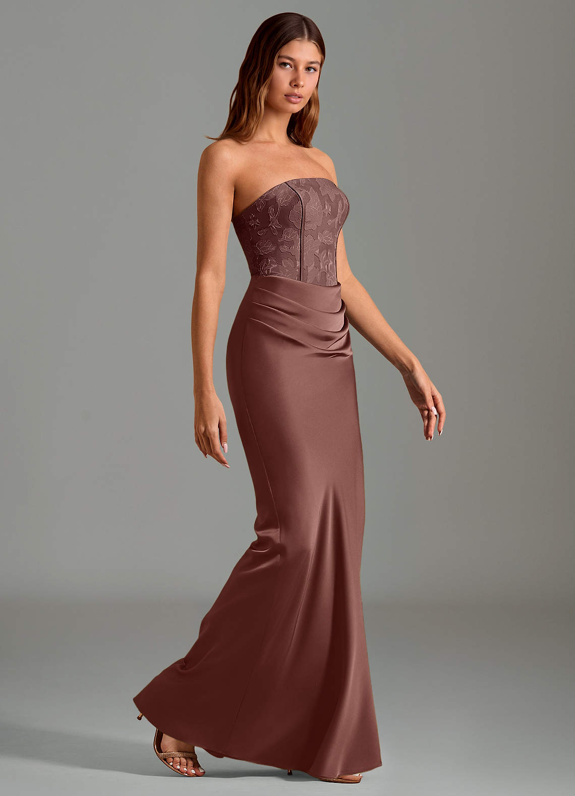 Emilia Mermaid Strapless Stretch Satin and Floral Burnout Bridesmaid Dress in Espresso