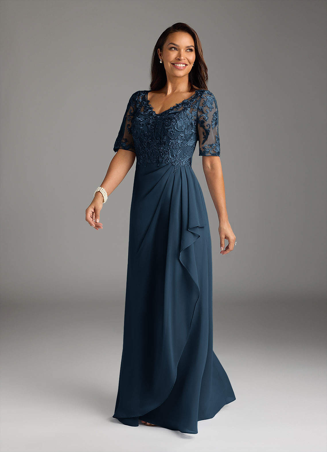 Amedeus A-Line V-Neck Chiffon and Lace Mother of the Bride Dress in Dark Navy