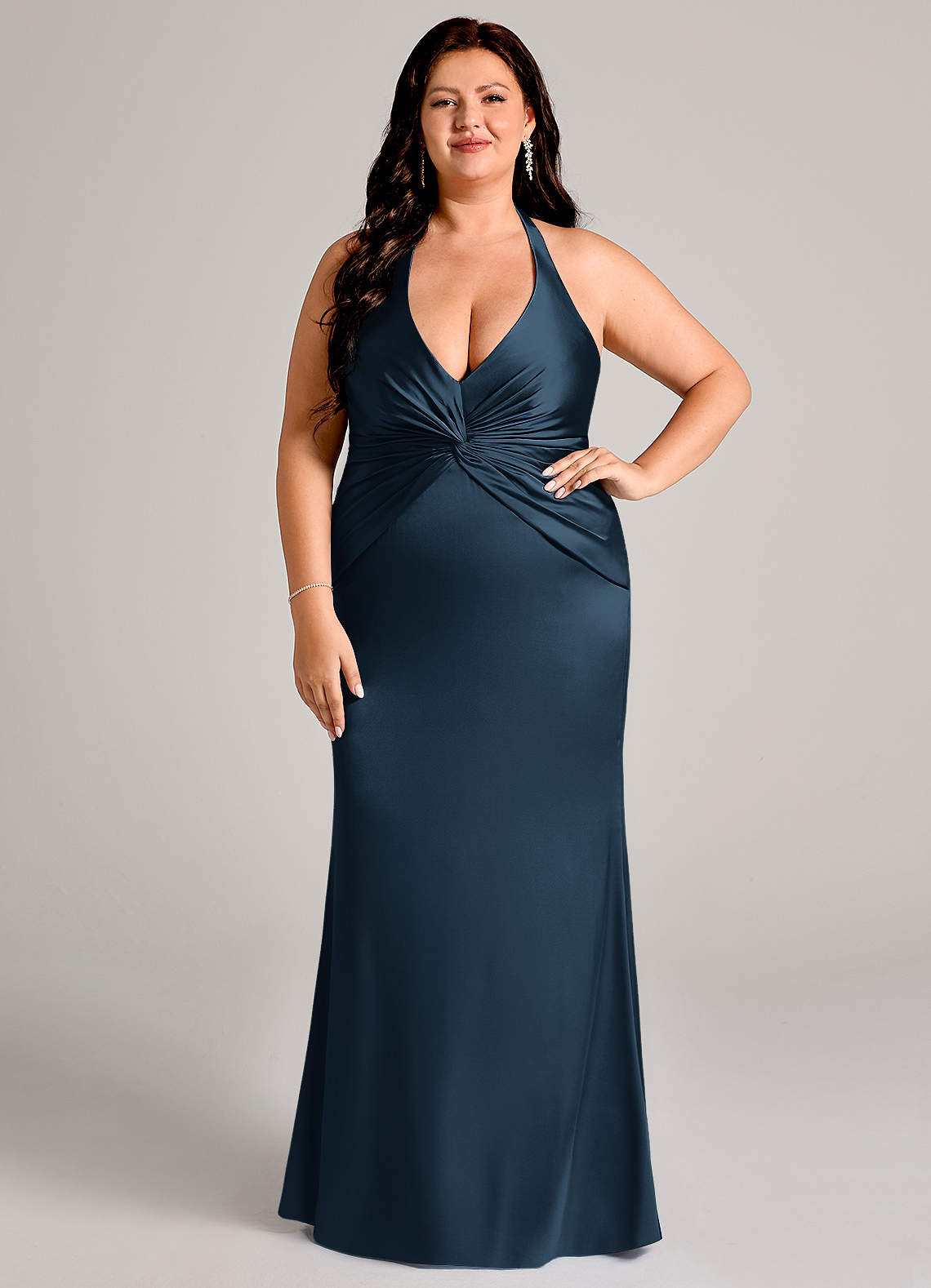 Valerie Mermaid V-Neck Stretch Satin Bridesmaid Dress in Dark Navy