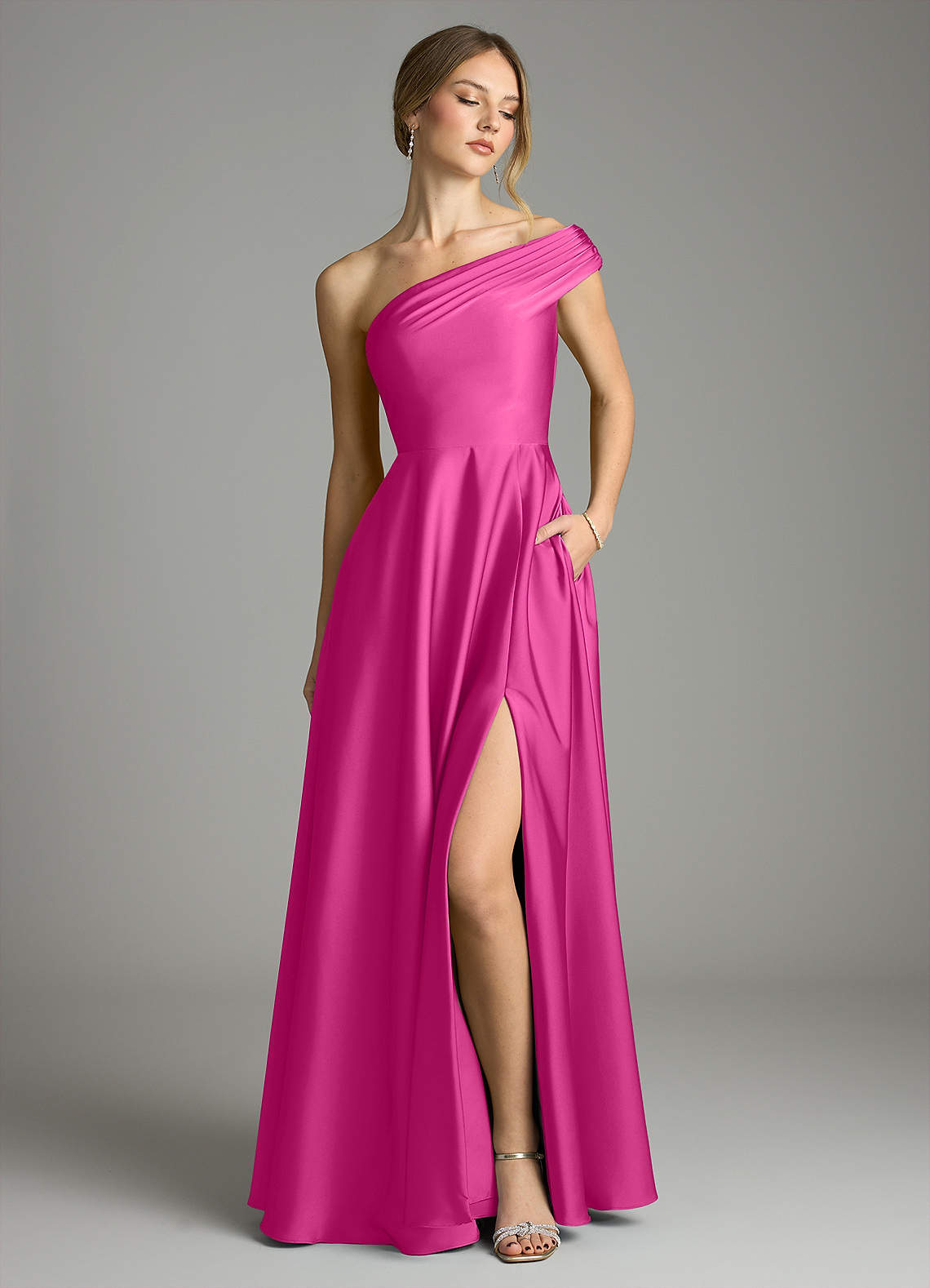Melanie A-Line One-Shoulder Stretch Satin Bridesmaid Dress in Fuchsia
