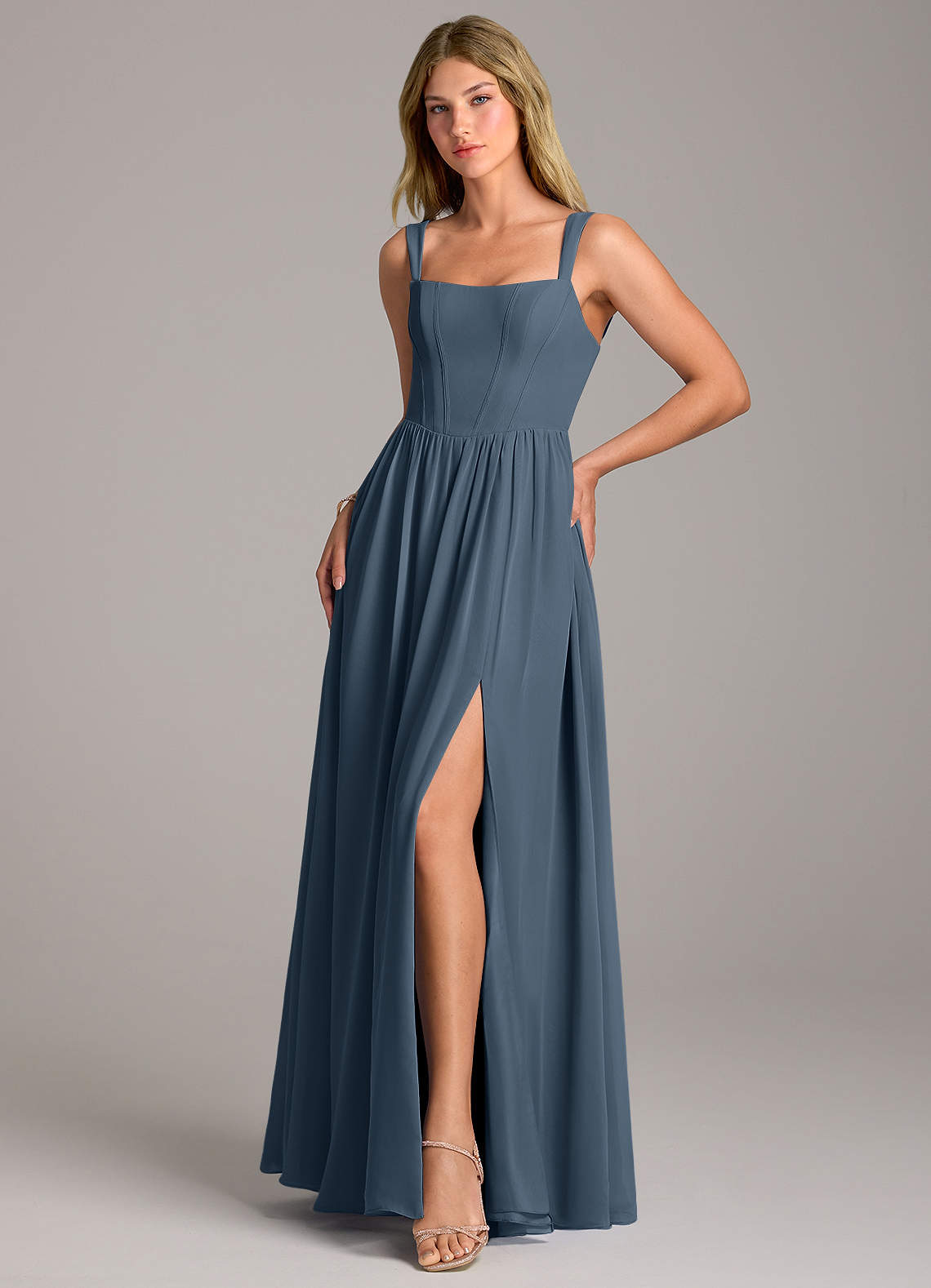 Rosaline A-Line Square-Neck Chiffon Bridesmaid Dress in Neptune