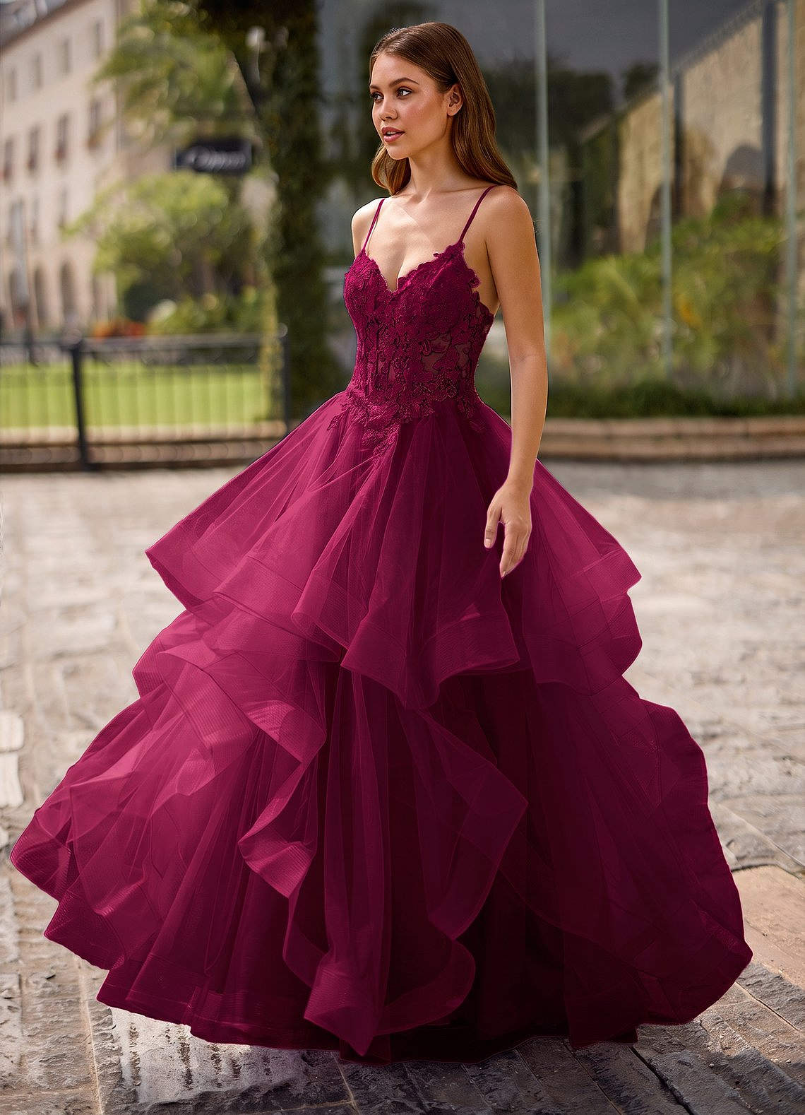 Spitze Ball Gown Sweetheart Lace Tulle Evening Dress in Burgundy