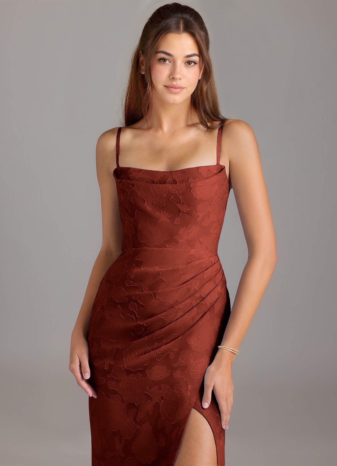 Leonis Sheath Strapless Floral Burnout Bridesmaid Dress in Terracotta
