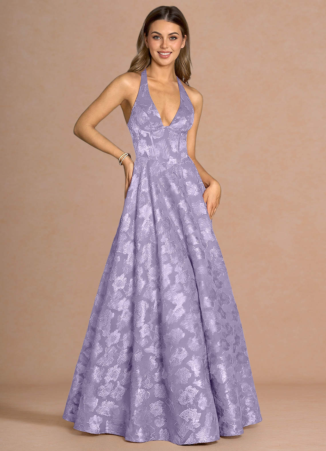 Isabeau A-Line V-Neck Fil Coupé Evening Dress in Lilac